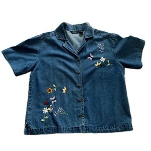 90s Vintage Denim Embroidered Butterfly Bee Floral Shirt Sz L Cottagecore Whimsy